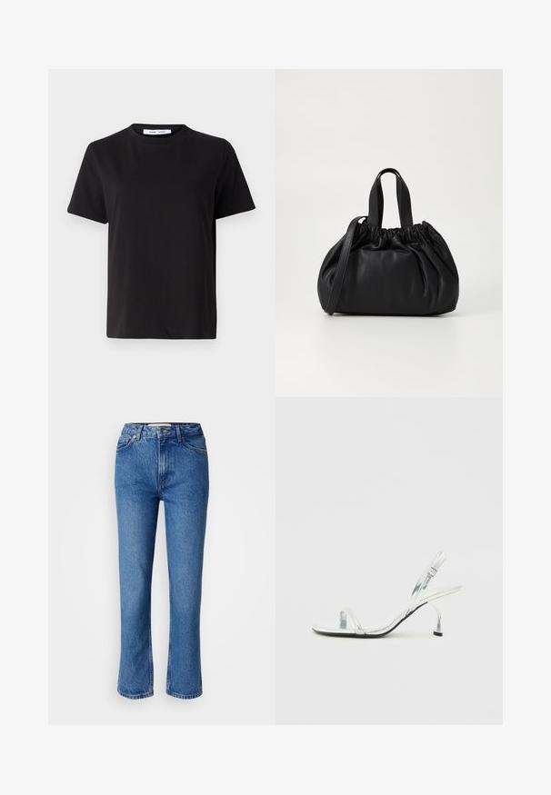 T-shirt preto de manga curta feito de algodão suave, com decote redondo, ajuste descontraído e uma textura suave. Sem padrões ou gráficos visíveis.; Jeans de denim azul com corte reto, apresentando um design clássico de cinco bolsos, costura laranja e fecho de botão.; Sandal de salto alto em verniz prata, com tira estreita na ponta do pé, fivela ajustável e um salto delgado.; Bolsa de couro preta com um design de topo franzido, apresentando duas alças curtas e uma alça longa ajustável. Textura suave, formato arredondado.