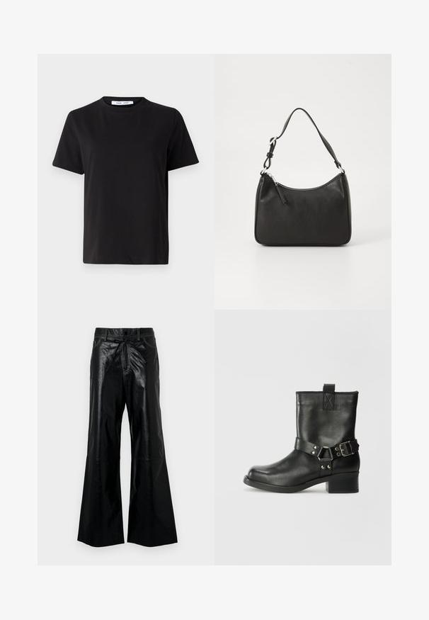 T-shirt preto de manga curta feito de algodão suave, com decote redondo, ajuste descontraído e uma textura suave. Sem padrões ou gráficos visíveis.; Calças largas em imitação de pele preta com cintura elástica e cordão, bolsos laterais e detalhes de costura em contraste. Textura suave e corte solto.; Samsøe Samsøe SABRENTA - Bota de tornozelo estilo cowboy/motociclista - black; Mala de mão em couro preto com formato curvo, uma alça, fecho em zip e uma marcação discreta na frente. Textura suave, design minimalista.