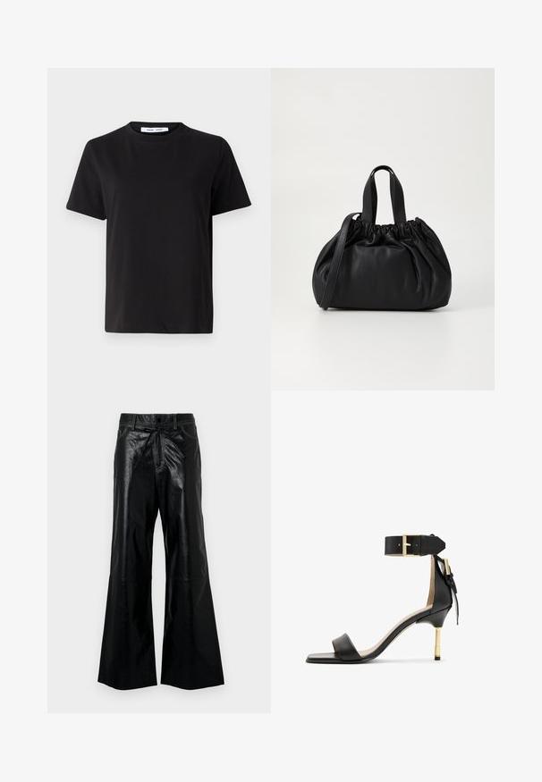 Sort t-shirt med korte ærmer fremstillet af blødt bomuld, med rund halsudskæring, afslappet pasform og en glat overflade. Ingen synlige mønstre eller grafik.; Sorte faux læder bukser med brede ben, elastisk talje med snøre, sidelommer og kontrastsyede detaljer. Blød tekstur og løstsiddende pasform.; Sort læder hæl sandal med firkantet tå, ankelrem med en guldbuckle og en slank metallisk hæl. Glat tekstur, minimalistisk design.; Sort læderhåndtaske med en samlet topdesign, der har to korte håndtag og en lang justerbar rem. Glat overflade, rund form.