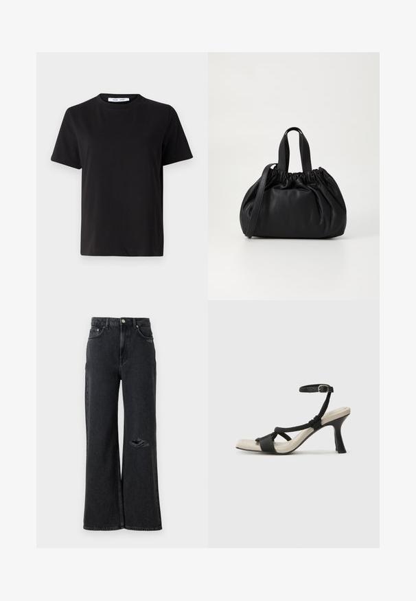 Crna kratka majica s kratkim rukavima od mekanog pamuka, s okruglim izrezom, opuštenim krojem i glatkom teksturom. Nema vidljivih uzoraka ili grafike.; Široke crne traperice s visokim strukom, s istrošenim gnječenjem na lijevom koljenu i klasičnim metalnim gumbom i zakovicama.; Crne sandale na visokom potpetici s dizajnom pletenih trakica, kvadratnim vrhom i podešivom trakicom oko gležnja. Svijetlosmeđi ulošci s sjajnim crnim potpeticama.; Crna kožna torba s nabranim dizajnom na vrhu, s dva kratka ručka i dugim podesivim remenom. Glatka tekstura, zaobljen oblik.