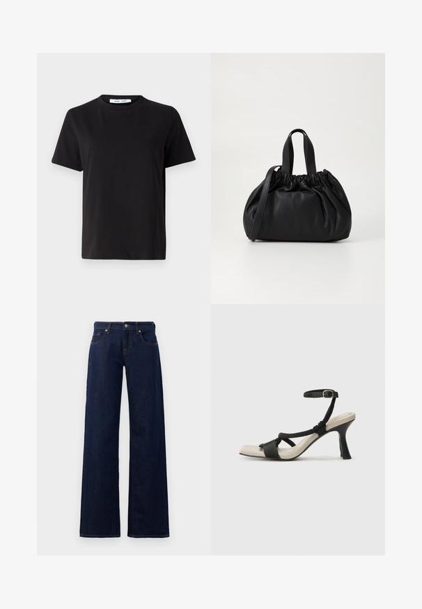 Schwarzes T-Shirt mit kurzen Ärmeln aus weicher Baumwolle, mit rundem Ausschnitt, lockerer Passform und glatter Textur. Keine sichtbaren Muster oder Grafiken.; Weite Jeans in dunkelblauem Denim mit klassischem Fünf-Taschen-Design, kupferfarbener Naht und Knopfverschluss am Bund.; Schwarze Absatzsandale mit geflochtenem Riemendesign, quadratischer Spitze und verstellbarem Knöchelriemen. Helle beigefarbene Sohle mit glänzendem schwarzen Absatz.; Schwarze Lederhandtasche mit einem gerafften Oberteil, ausgestattet mit zwei kurzen Griffen und einem langen verstellbaren Schulterriemen. Glatte Textur, runde Form.