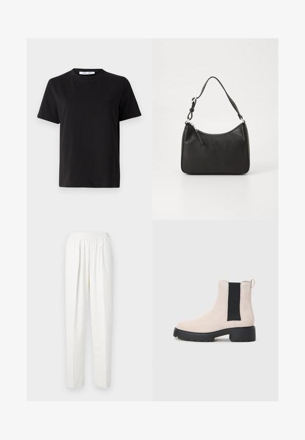 T-shirt noir à manches courtes en coton doux, avec un col rond, une coupe décontractée et une texture lisse. Pas de motifs ni de graphiques visibles.; Pantalons blancs à taille élastique avec une coupe droite, en matière douce et présentant de subtils plis avant pour une texture et un détail de design supplémentaires.; Bottine Chelsea en suède beige avec panneau latéral élastique noir, semelle épaisse noire et languette au niveau de la cheville.; Sac à main en cuir noir avec une forme courbée, une seule sangle, fermeture éclair et un logo discret à l'avant. Texture lisse, design minimaliste.