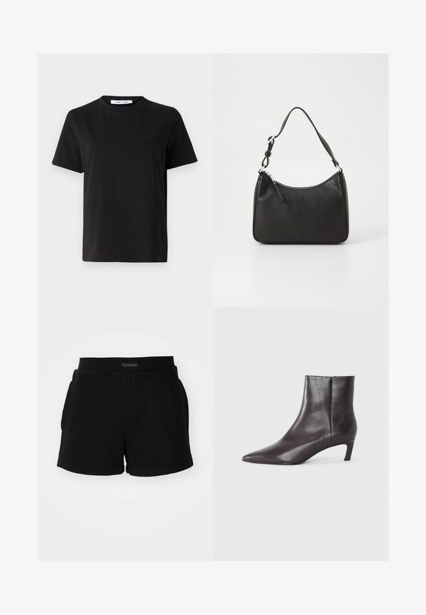 T-shirt nero a maniche corte realizzato in morbido cotone, con scollatura rotonda, vestibilità rilassata e una superficie liscia. Nessun motivo o grafica visibile.; Shorts neri in cotone con vita a costine, tasche laterali e orlo arrotondato. Logo visibile sulla vita.; Stivale in pelle nera alla caviglia con punta affilata e tacco kitten basso, finitura liscia, zip laterale, mostrato su uno sfondo neutro.; Borsa a tracolla in pelle nera con forma curva, una tracolla singola, chiusura con zip e marchio discreto sul fronte. Texture liscia, design minimalista.