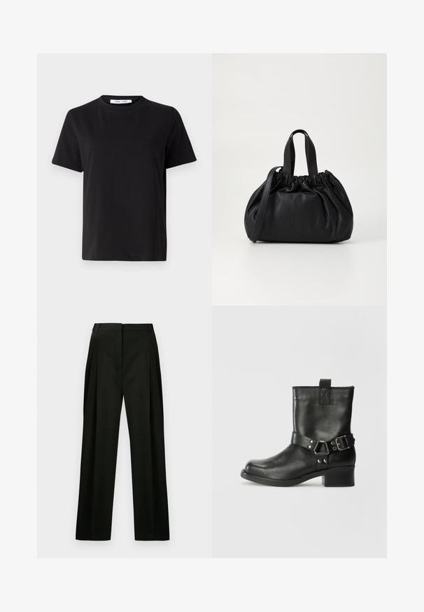 Musta lyhythihainen t-paita, joka on valmistettu pehmeästä puuvillasta. Paitassa on pyöreä kaula-aukko, rento malli ja sileä pinta. Ei näkyviä kuvioita tai graafisia elementtejä.; Mustat leveät housut, joissa on tekstuuripinta, etupuolella laskokset ja siisti, räätälöity vyötärö. Ei näkyviä taskuja tai koristeita.; Samsøe Samsøe SABRENTA - Biker-/cowboynilkkurit - black; Musta nahkabag, jossa on kerätty yläosa. Varustettu kahdella lyhyellä kantokahvalla ja pitkällä säädettävällä hihnalla. Sileä pinta, pyöreä muoto.