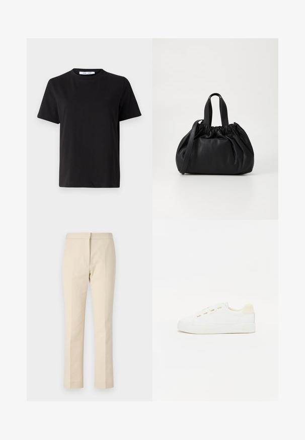 Must have lühikeste varrukatega t-särk, mis on valmistatud pehmest puuvillast, ümmarguse kaelusega, lõdva sobivusega ja sileda tekstuuriga. Ei ole nähtavaid mustreid ega graafikat.; Kreemikat värvi püksid, mis on valmistatud siledast kangast ja millel on sirge lõige. Omavad lamedat esiosa, vöökohavöötide silmuseid ning nähtavaid taskuid ei ole.; Valge tenniseking, millel on kangast ülemine osa, ümmargune varvas ja lame kummitald. Omab kuldseid niidikohti ja heledat beeži kandmisel.; Mustmust mustkott mustrihmaga ülaosa disainiga, millel on kaks lühikest käepidet ja pikk reguleeritav rihm. Sile tekstuur, ümar kuju.