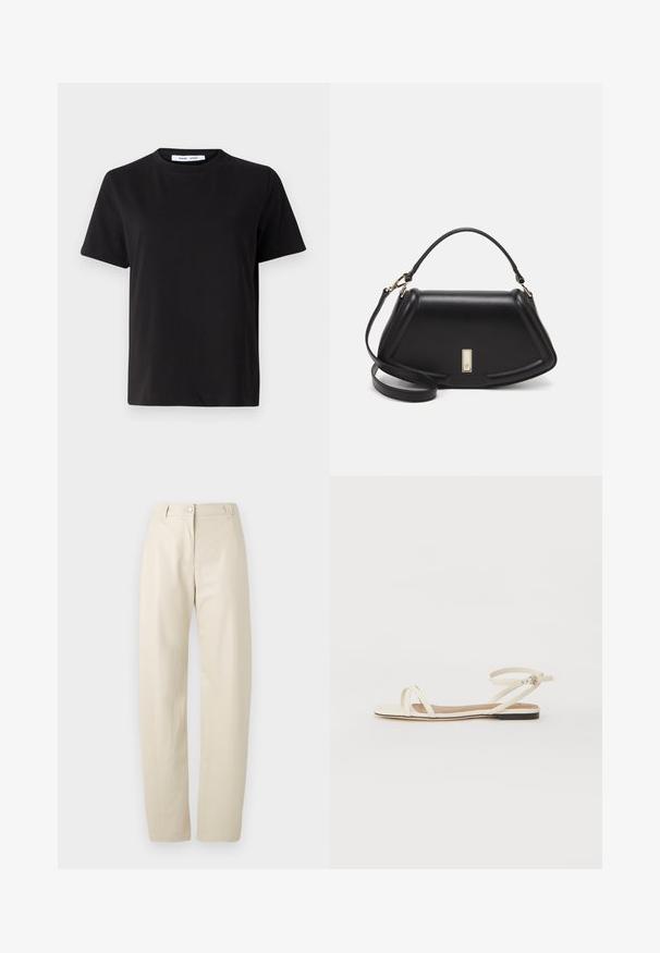 Musta lyhythihainen t-paita, joka on valmistettu pehmeästä puuvillasta. Paitassa on pyöreä kaula-aukko, rento malli ja sileä pinta. Ei näkyviä kuvioita tai graafisia elementtejä.; Beige suorat housut, joissa on nappi- ja vetoketjukiinnitys, vyölenkit ja sivutaskut, yksinkertaisella valkoisella taustalla.; Litte sandaalit vaaleasta nahasta ohuiden ristiin menevien hihnojen kanssa, nilkkahihna soljella, minimalistinen muotoilu ja kontrastivärinen musta pohja.; Mustalla nahkalaukulla, jossa on jämäkkä muotoilu, lyhyt malli, yläkahva ja kultaiset yksityiskohdat. Säädettävä olkahihna sisältyy.