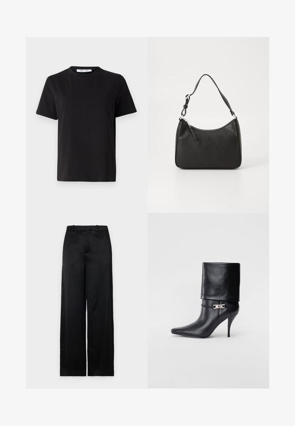 Črna majica s kratkimi rokavi iz mehkega bombaža, ki ima okroglo izrezovanje, udoben kroj in gladko teksturo. Brez vidnih vzorcev ali grafike.; Črne hlače širokega kroja iz lahkega, strukturiranega materiala. Imajo gladek pas z zankami za pas in pravilen, tekoč silhuet.; Črne usnjene gležnjarje z ostrim nosom, visokim stiletto peto, zavihanim robom in zlatim okrasnim zaponko na gležnju.; Črna usnjena torba za roke s ukrivljenim oblikom, enim trakom, zadrgo in diskretnim blagovnim znamkom na sprednjem delu. Gladka tekstura, minimalističen dizajn.