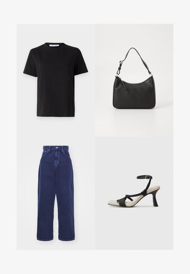 Must have lühikeste varrukatega t-särk, mis on valmistatud pehmest puuvillast, ümmarguse kaelusega, lõdva sobivusega ja sileda tekstuuriga. Ei ole nähtavaid mustreid ega graafikat.; Carhartt WIP BRANDON PANT - Avar lõikega teksad - air force blue; Mustad musta kontsaga sandaal, millel on punutud rihma disain, ruudukujuline varvas ja reguleeritav pahkluu rihm. Heleda beeži värvi jalapadi ja läikiv must konts.; Must musta käekott, millel on kumer kuju, üks rihm, lukuga sulgemine ja peen brändimine esiküljel. Sile tekstuur, minimalistlik disain.
