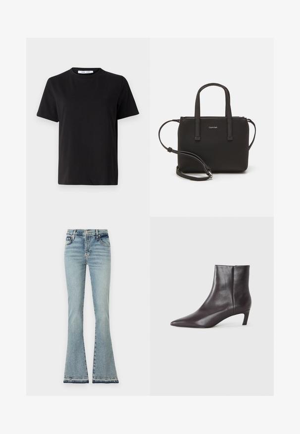 Must have lühikeste varrukatega t-särk, mis on valmistatud pehmest puuvillast, ümmarguse kaelusega, lõdva sobivusega ja sileda tekstuuriga. Ei ole nähtavaid mustreid ega graafikat.; Kitsad helesinised teksad kõrge vöökohtadega, määratletud õmblustega ja kulunud allääriga. Materjal näib pehme olevat klassikalise viie tasku disainiga.; Must musta kaljam boots, terava varvas ja madal kitten kont, sile pind, külg-edasi tõmbetõmbe, esitatud neutraalses taustas.; Musthave mustrans vöö ja eemaldatav õlarihm. Gludike nahk siledaga, millel on tõmblukk ja logo detail.