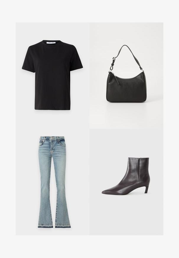 Musta lyhythihainen t-paita, joka on valmistettu pehmeästä puuvillasta. Paitassa on pyöreä kaula-aukko, rento malli ja sileä pinta. Ei näkyviä kuvioita tai graafisia elementtejä.; Löpar ljusblå denim jeans med hög midja, tydliga sömmar och trasig fåll. Materialet verkar mjukt med en klassisk femficksdesign.; Mustat nahkakengät nilkkurit, joissa on terävä kärki ja matala kitten-kanta, sileä pinta, sivuvetoketju, esitetty neutraalilla taustalla.; Mustat nahkakäsilaukku, jossa on kaareva muoto, yksi hihna, vetoketjukiinnitys ja hienovarainen brändäys etuosassa. Sujuva pinta, minimalistinen muotoilu.