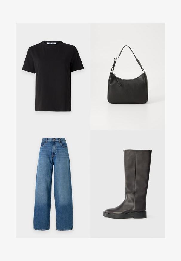 T-shirt preto de manga curta feito de algodão suave, com decote redondo, ajuste descontraído e uma textura suave. Sem padrões ou gráficos visíveis.; Calças de ganga azul de perna larga com um clássico design de cinco bolsos. Apresentam um fecho de botão e um leve desbotamento para textura.; Bota de couro preta até o joelho com sola grossa e logo discreto da Calvin Klein próximo à borda superior, vista de lado.; Mala de mão em couro preto com formato curvo, uma alça, fecho em zip e uma marcação discreta na frente. Textura suave, design minimalista.