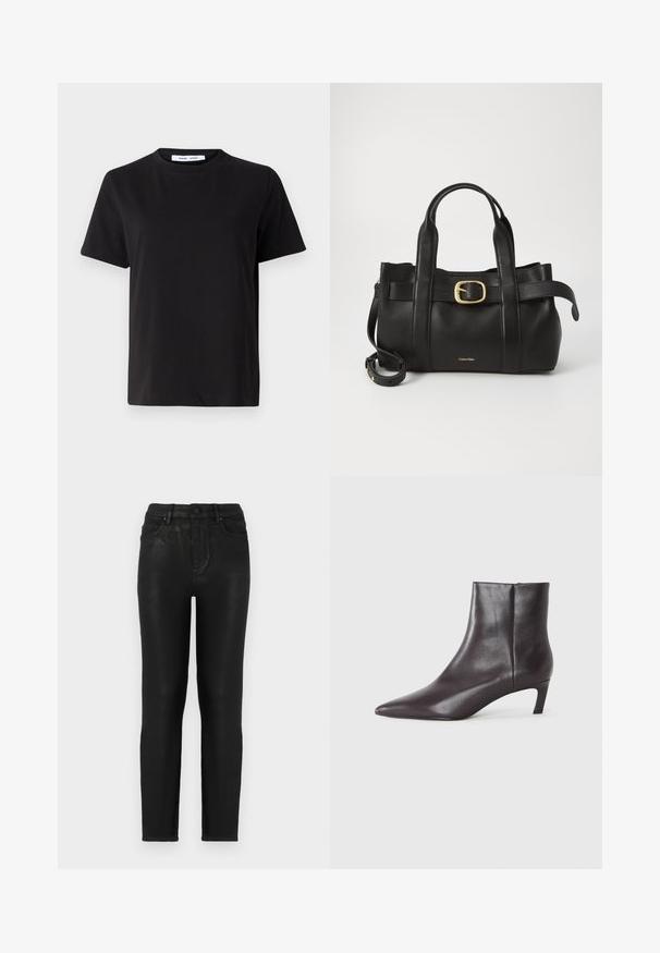 Černé tričko s krátkým rukávem vyrobené z měkké bavlny, s kulatým výstřihem, volným střihem a hladkým povrchem. Žádné viditelné vzory ani grafika.; Černé džíny z denimu s úzkým střihem, vysokým pasem, klasickým pětipocketovým designem a jemně lesklou texturou. Standardní zapínání na přední knoflík.; Černá kožená kotníková bota s špičatou špičkou a nízkým podpätkem, hladký povrch, boční zip, zobrazená na neutrálním pozadí.; Černá kožená kabelka s upraveným designem, dvojitými vrchními madly, pozlaceným přezkovým akcentem a vyraženým logem značky na přední straně.