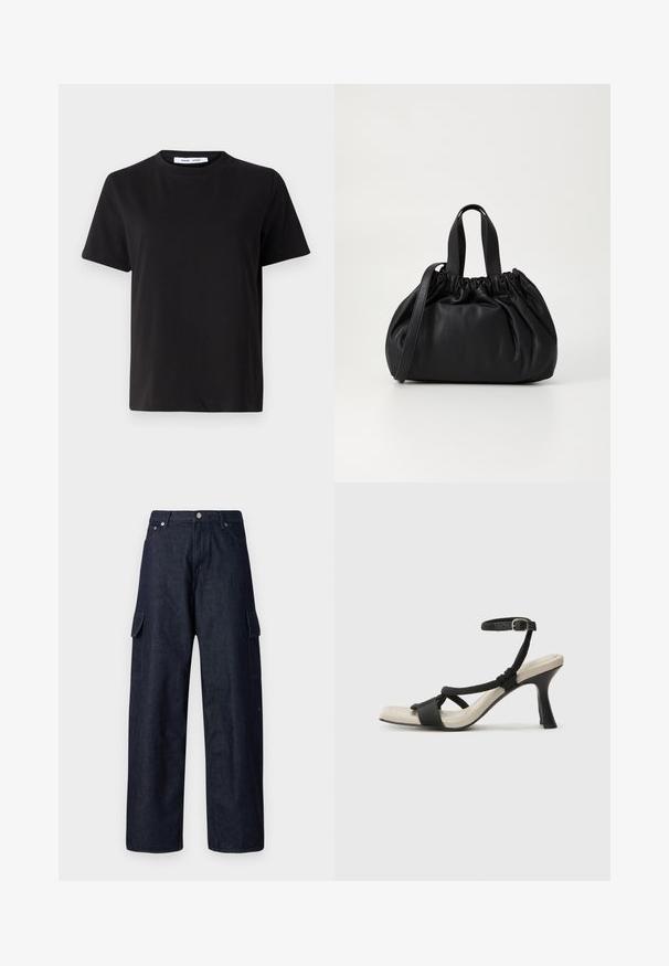 Svart kortermet t-skjorte laget av myk bomull, med rund hals, avslappet passform og en jevn tekstur. Ingen synlige mønstre eller grafikk.; Mørk denim cargo bukser med brede ben, med to side lommer, knappelukking og slitesterk tekstur.; Sorte helårs sandaler med flettet stroppesdesign, firkantet tå og justerbar ankelrem. Lys beige fotseng med glanset svart hæl.; Svart lærveske med en samlet toppdesign, som har to korte håndtak og en lang justerbar stropp. Glatt tekstur, rund form.