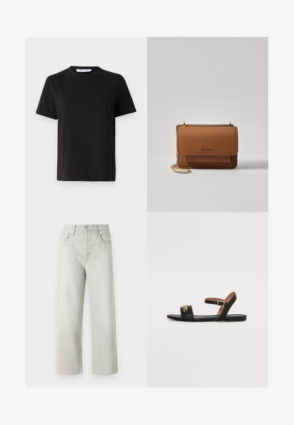 Czarny t-shirt z krótkim rękawem wykonany z miękkiej bawełny, z okrągłym dekoltem, luźnym krojem i gładką fakturą. Bez widocznych wzorów ani grafik.; Jasnoszare, szerokie dżinsy wykonane z denimu, posiadające wysoki stan, przednie kieszenie oraz zapięcie na guzik i zamek błyskawiczny.; Czarne skórzane sandały na płaskiej podeszwie, z jedną paskiem na palce i paskiem na kostkę z zapięciem w złotym odcieniu. Dekoracyjny łańcuszek z przodu.; Brązowa skórzana torba na ramię z teksturą, z złotym łańcuszkiem i zapięciem na klapkę. Z przodu znajduje się detal z logo oraz kieszeń pod klapką.