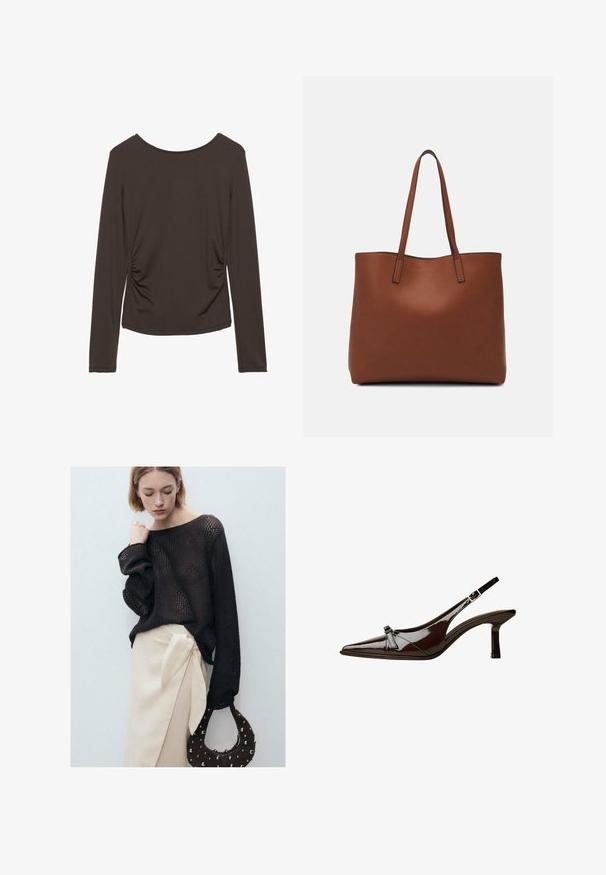 Pitkähihainen paita tummanruskeasta kankaasta, jossa on sileä pinta. Paidassa on sivuruotumista ja pyöreä kaula-aukko. Ei kuvioita tai koristeita.; Ruskea neulepusero, jossa on ylisuuret hihat, yhdistettynä beigeen kietaisuhameeseen, jossa on sivusolmu. Asusteina pyöreä, niittikoristeltu ruskea laukku.; Ruske patenttimuoviset slingback-kengät, joissa on terävä kärki, matala korko ja koristeellinen kaarroke etuosassa. Sileä, kiiltävä pinta.; Ruskea nahkainen olkalaukku, jossa on sileä pinta, avoin yläosa ja kaksi olkahihnaa. Omaavat vain minimaalisen ompelun eikä näkyvää metalliosaa.