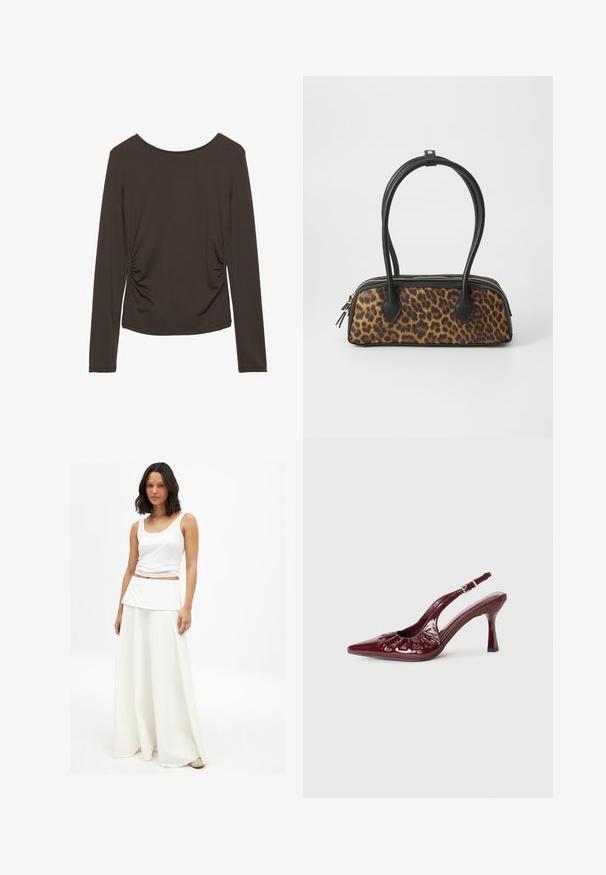 Maglietta a maniche lunghe in tessuto marrone scuro con una texture liscia, caratterizzata da arricciature laterali e un collo rotondo. Senza motivi o dettagli decorativi.; Top bianco abbinato a una gonna maxi bianca fluida. La gonna presenta una vita a strati piegata e una texture morbida e liscia.; Décolleté in vernice bordeaux con punta affusolata e dettagli a ruches, dotati di un tacco sottile e di una fascetta alla caviglia regolabile.; Borsa a mano con stampa leopardata e base in finta pelle nera, manici superiori doppi, cerniera dorata e linguette in finta pelle nera accentuate. Forma rettangolare.