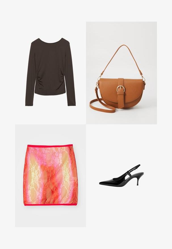 Langärmliges Oberteil aus dunkelbraunem Stoff mit glatter Textur, mit seitlichen Raffung und rundem Ausschnitt. Keine Muster oder Akzente vorhanden.; Durchsichtiger Spitzen-Minirock mit einem Farbverlauf von Rosa und Rot, ausgestattet mit einem floralen Muster und einem festen roten Bund.; Schwarze Lackleder-Slingback-Pumpe mit spitzem Zehenbereich, offenen seitlichen Ausschnitten, schlanker Absatz und verstellbarem Knöchelriemen.; Braune Leder-Crossbody-Tasche mit geschwungener Form, goldfarbenen Beschlägen und einer Schnallenakzentuierung. Verfügt über einen abnehmbaren Schultergurt.