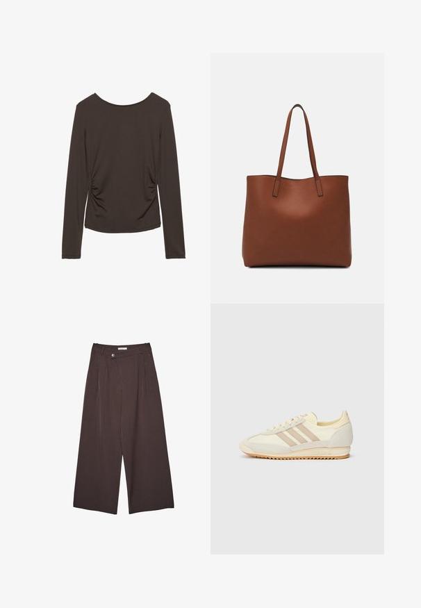 Langärmliges Oberteil aus dunkelbraunem Stoff mit glatter Textur, mit seitlichen Raffung und rundem Ausschnitt. Keine Muster oder Akzente vorhanden.; Braune, weit geschnittene Hose mit Nadelstreifen, ausgestattet mit einem Knopf-Verschluss und Gürtelschlaufen, flach auf einem weißen Hintergrund präsentiert.; Cremefarbene sportliche Sneakers mit drei beigen Streifen, aus Wildleder und Textilmaterialien, einer strukturierten Sohle und geprägtem Branding an der Ferse.; Braune Leder-Tote mit glatter Textur, offenem Oberteil und zwei Schulterriemen. Verfügt über minimale Nähte und keine sichtbaren Beschläge.