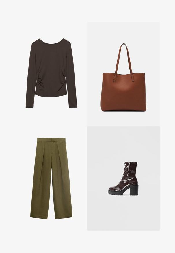 Langsleeve top in donkerbruin stof met een gladde textuur, voorzien van zijruche en een ronde halslijn. Geen patronen of accenten aanwezig.; Olijfgroene wijde broek gemaakt van gestructureerde stof, met geplooide voorkant en ritssluiting, met een rechte pasvorm en zonder zichtbare zakken.; Glanzende bordeauxrode enkelboot met een chunky zwarte hak, met een gladde textuur en een eenvoudig ontwerp. Geen zichtbare sluitingen of patronen.; Bruine leren tote bag met een gladde textuur, een ontwerp met een open bovenkant en twee schouderbanden. Kenmerkt zich door minimale stiksels en geen zichtbare hardware.