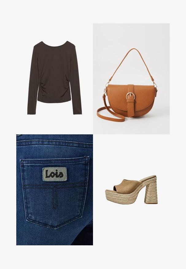 Dolgimi rokavi iz temno rjave tkanine z gladko teksturo, z bočnim gubanjem in zaobljenim izrezom. Brez vzorcev ali dodatkov.; Temno modre kavbojke iz jeansa z zadnjim žepom, na katerem je svetlo modra kvadratna nalepka z napisom "Lois" v črnem pisavnem slogu.; Rjave zamšaste platforme mule z odprtim prstom, ki imajo masiven pleteni juten peto in gladko, zaobljeno zgornjo zasnovo.; Rjava usnjena torbica prek telesa s ukrivljeno obliko, zlate opreme in sponko. Ima odstranljiv naramni trak.