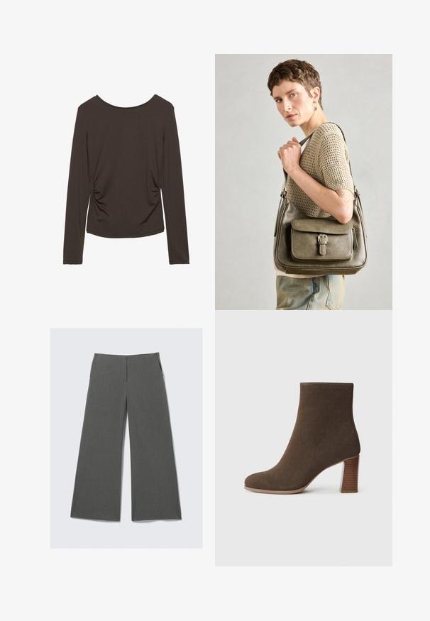 Long-sleeve top in dark brown fabric with a smooth texture, featuring side ruching and a rounded neckline. No patterns or accents present.; Grey wide-leg trousers with a subtle pinstripe pattern, featuring two side pockets and a smooth waistband design.; Brown suede ankle boot with a rounded toe and a stacked, textured heel. Smooth exterior without visible fastenings or embellishments.; Olive green leather handbag with a front flap, adjustable strap, and silver hardware details, displayed on a model wearing a knitted top.