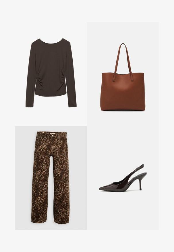 Dugi rukav majica od tamnosmeđeg materijala s glatkom teksturom, s bočnim nabranjem i okruglim izrezom. Nema uzoraka ili dekorativnih elemenata.; Traperice širokih nogavica s uzorkom leoparda u smeđoj i bež boji. Napravljene od denima, s klasičnim dizajnom pet džepova i metalnim detaljima.; Sandalice na visokom potpetici od sjajnog tamnosmeđeg lakiranog kože, s oštrim vrhom, otvorenim stranama i podesivom naramenicom.; Smeđa kožna torba preko ramena s glatkom teksturom, otvorenim vrhom i dvjema naramenicama. Ima minimalne šavove i nema vidljivog hardvera.