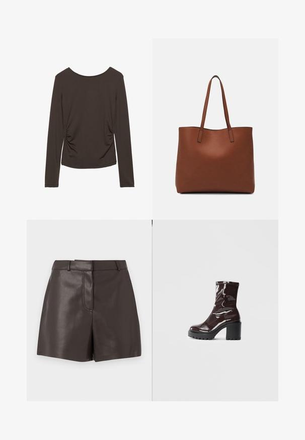 Top cu mânecă lungă dintr-un material maro închis cu o textură netedă, având drapaje laterale și un decolteu rotund. Fără modele sau accente prezente.; Șorturi din piele maro, cu o textură netedă, având o cusătură pe față, bucle pentru curea și două buzunare laterale. Conceput pentru o siluetă ajustată.; Botine lucioase burgundy, cu toc gros negru, având o textură netedă și un design simplu. Fără închideri sau modele vizibile.; Geantă de umăr din piele maro cu o textură netedă, design cu vârf deschis și două curele pentru umăr. Prezintă cusături minime și fără componente metalice vizibile.