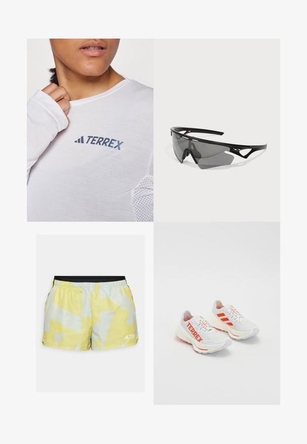 Biała koszula z długim rękawem z niebieskim logo "TERREX". Materiał jest lekki, z teksturowanymi akcentami z siateczki na ramionach.; Żółte i jasnoszare spodenki sportowe z geometrycznym wzorem, elastycznym pasem, bocznymi rozcięciami oraz detalem z logo na krawędzi.; Białe buty do biegania z pomarańczowymi akcentami. Materiał siateczkowy, zaokrąglony czubek i gruba podeszwa. Na bocznej stronie nadruk 'TERREX' oraz trzy paski na pięcie.; Okulary sportowe z czarną plastikową ramą i szarymi przeciwsłonecznymi soczewkami. Charakteryzują się kanciastym kształtem i wycięciami w ramie dla lepszej wentylacji.