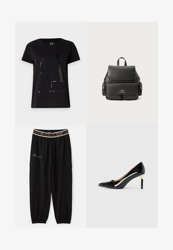 Melnā kokvilnas T-krekls ar īsām piedurknēm, centrā ar spīdīgu, lielu "AX" logo un "ARMANI EXCHANGE" tekstu.; Melni treniņbikses ar sašaurinātu piegriezumu, elastīga jostasvieta ar beiga logotipa joslu un sānu kabatām, izgatavotas no mīkstas, strukturētas auduma.; Melnas lakotas ādas augstpapēžu kurpes ar norādītu purngalu un izgriezumu dizainu; ar elegantu zelta akcentu uz papēža. Vienkāršas un elegantas.; Melna ādas mugursoma ar atloku aizdari, priekšējo kabatu, sānu rāvējslēdzēju nodalījumus un augšējo rokturi. Iezīmēta ar logo detaļām priekšpusē.