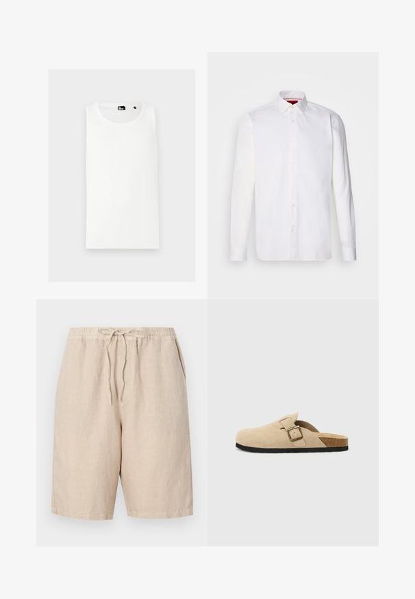 Biely tielko vyrobené z rebrového materiálu, s okrúhlym výstrihom a bez rukávov, s malým logom značky na prednej strane.; Biela košeľa s dlhým rukávom vyrobená z bavlny, s klasickým golierom, predným zapínaním na gombíky a hladkou textúrou. Červený detail na vnútornej strane goliera.; Ľanové šortky v svetlo béžovej farbe s elastickým pásom, nastaviteľným šnúrkovým pásom a bočnými vreckami. Hladká textúra s voľným strihom.; Bežové semišové clogs na klinoch so korkovou stielkou, zaoblenou špičkou a jednoduchým remienkom so zlatým sponou. Gumová podrážka pre lepšiu priľnavosť.