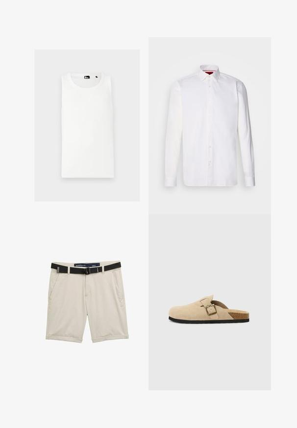 Weißes Tanktop aus geripptem Material, mit Rundhalsausschnitt und ohne Ärmel, auf der Vorderseite mit kleinem Markenlogo.; Weißes langärmliges Hemd aus Baumwolle mit klassischem Kragen, Knopfleiste vorne und glatter Textur. Rote Details im inneren Kragen.; Beige Shorts mit einem schwarzen verstellbaren Gürtel. Aus leichtem Stoff gefertigt, mit seitlichen Taschen und umgeschlagenen Säumen für einen lässigen Look. Größe M.; Beige Wildleder-Slipper mit einem Korkfußbett, runder Zehenpartie und einem einfachen Riemen mit einer goldfarbigen Schnalle. Gummi-Sohle für besseren Halt.
