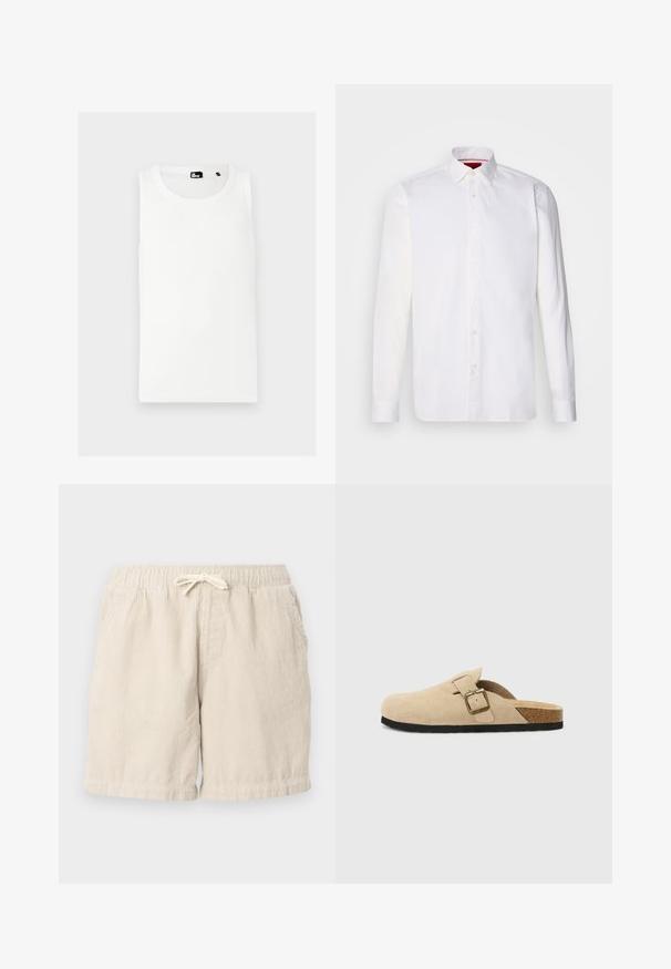 Biely tielko vyrobené z rebrového materiálu, s okrúhlym výstrihom a bez rukávov, s malým logom značky na prednej strane.; Biela košeľa s dlhým rukávom vyrobená z bavlny, s klasickým golierom, predným zapínaním na gombíky a hladkou textúrou. Červený detail na vnútornej strane goliera.; Béžové kordové šortky s elastickým pásom a šnúrkou, s bočnými vreckami a textúrovaným, ryhovaným vzorom.; Bežové semišové clogs na klinoch so korkovou stielkou, zaoblenou špičkou a jednoduchým remienkom so zlatým sponou. Gumová podrážka pre lepšiu priľnavosť.