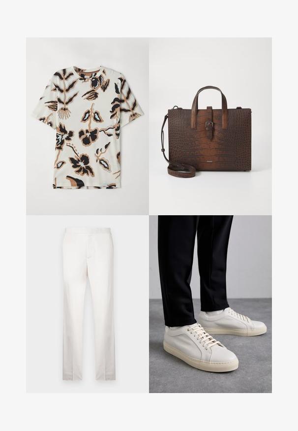 Lyhythihainen t-paita pehmeää kangasta, jossa on kreeminvärinen tausta ja abstrakteja kukkakuoseja mustana, ruskeana ja vaaleansinisenä.; Harmaat räätälöidyt housut, joissa on sileä tekstuuri, suorat lahkeet, litteä etuosa ja minimaalinen ompelu. Ei näkyviä taskuja.; Vaaleanbeige nahkakengät, joissa on litteät nauhat, teksturoitu pinta ja kontrastiväri kermanvalkoinen kumipohja, yhdistettynä mustiin kapeisiin housuihin.; Ruskea krokotiilien kuviollinen nahkakäsilaukku, jossa on yläkahvat ja irrotettava olkahihna. Ominaisuuksiin kuuluu solkilukko ja suorakulmainen muoto.