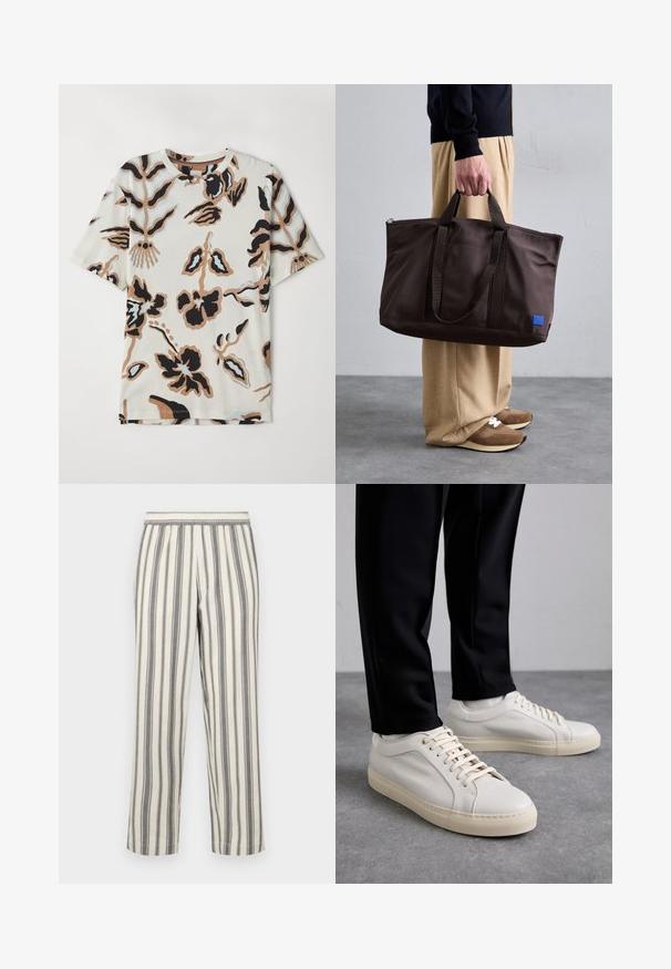 Kortærmet T-shirt lavet af blødt stof, med en cremefarvet baggrund og abstrakte blomster mønstre i sort, brun og lyseblå.; Stribede bukser i en lys cremefarve med tynde grå lodrette striber. Har elastisk talje og en lige benklipp.; Lys beige lædersneakers med flade snørebånd, en tekstureret overflade og en kontrasterende cremelilla gummisål, båret med sorte tapered bukser.; Brun nylon tote bag med to håndtag, lynlås lukning og et blåt logo patch. Glat tekstur, struktureret design, rummelig indvendig.