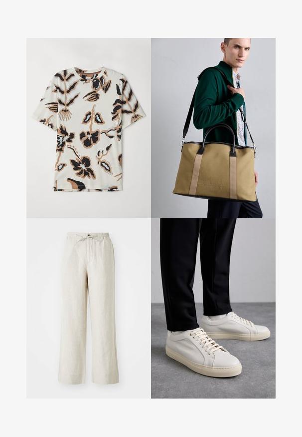 T-shirt à manches courtes en tissu doux, avec un fond crème orné de motifs floraux abstraits en noir, marron et bleu clair.; Pantalons en lin de couleur beige clair, avec une coupe ample, une taille élastique avec cordon de serrage, et des poches latérales pour plus de commodité.; Baskets en cuir beige clair avec des lacets plats, une surface texturée et une semelle en caoutchouc crème contrastante, associées à un pantalon noir fuselé.; Sac fourre-tout en toile beige avec des accents en cuir foncé, doté de deux poignées et d'une bandoulière amovible ; détail de logo gaufré à l'avant.