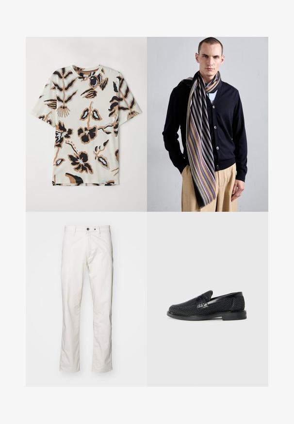 Tričoko s krátkým rukávem vyrobené z měkké látky, s krémovým pozadím a abstraktními květinovými vzory v černé, hnědé a světle modré barvě.; Bílé bavlněné kalhoty s rovnými nohavicemi, dvěma předními kapsami a dvěma zadními kapsami, zapínáním na knoflík a minimálními švy.; Černé pletené nazouvací boty s hladkým koženým akcentem na svršku, kulatou špičkou a nízkoprofilovou gumovou podrážkou.; Černý cardigan s knoflíkovým zapínáním, kombinovaný s pruhovaným šátkem s výraznými barvami a vzory, nošeně volně přes světlou košili a béžové kalhoty.