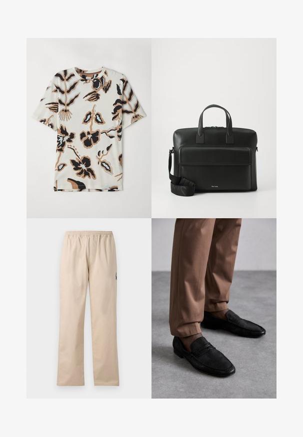 Lühikeste varrukatega T-särk, mis on valmistatud pehmest kangast. Särgil on kreemjas taust, millel on mustade, pruunide ja helesiniste abstraktsete lillemuster.; Beežid, kerge, kootud püksid, millel on elastne vöökoht. Omavad sirgeid jalgu ja väikest tikitud logo detaili küljel.; Mustad mustikad tekstuuriga mustad mokassiinid, millel on ümmargune varvas ja madal profiil. Kombineeritud pronksist pükstega hallil pinnal.; Must jääst valmistatud portfell kahekordsete ülemiste käepidemetega, esikoti ja eemaldatava rihmaga, millel on peen bränding allosas.