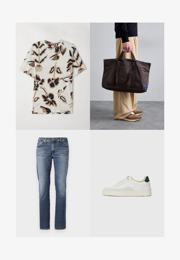 Īsām piedurknēm T-krekls no mīksta auduma, ar krēmkrāsas fonu un abstraktiem ziedu rakstiem melnā, brūnā un gaiši zila krāsā.; Džinsi no denima vidēji zilā krāsā, taisna piegriezuma dizains, ar nemanāmu izbalēšanu un klasisko piecu kabatu stilu. Metāla detaļas jostasvietā un kabatās.; Baltas sneakers ar zamša akcentiem, noapaļota purngala, plakaniem auklām un krēmkrāsas gumijas zoli. Ar zaļu zīmolu uz papēža.; Brūns neilona iepirkumu soma ar divām rokturiem, ar rāvējslēdzēju aizvēršanu un zilu logotipa uzlīmi. Gluda tekstūra, strukturēts dizains, plašs iekšējais nodalījums.