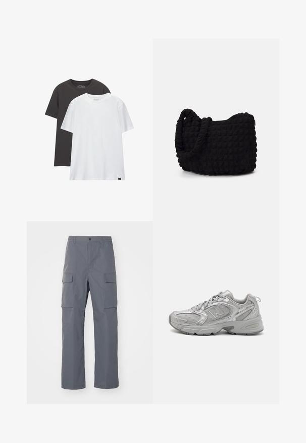 Dve tričká so štandardným strihom: jedno čierne a jedno biele, vyrobené z mäkkej bavlny. Každé má okrúhly výstrih a krátke rukávy bez vzorov.; Šedé cargo nohavice vyrobené z odolnej tkaniny. Medzi vlastnosti patrí elastický pás, dve veľké bočné vrecká a strih s rovnými nohavicami.; Strieborná športová obuv so štíhlym dizajnom, sieťovanými panelmi, polstrovaným jazykom, textúrovaným syntetickým zvrškom a gumovou podrážkou pre trakciu.; Čierna látková taška s textúrovaným, prešívaným vzorom. Zaoblený tvar, krátke, hrubé rúčky a mäkká, flexibilná konštrukcia.