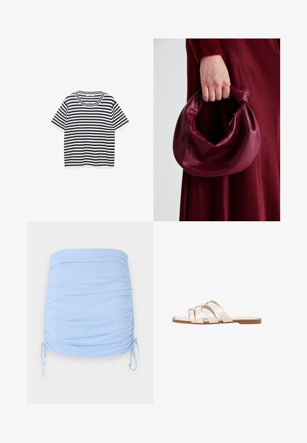 Prajčasta majica iz bombaža s temno modrimi in belimi vodoravnimi črtami, ima okroglo izrezan ovratnik in kratke rokave. Gladka tekstura.; Svetlo modra mini krila z gubanjem, izdelana iz raztegljive tkanine. Ima vrvice na straneh za prilagodljivo prileganje in gladko teksturo.; Ravne sandale s svetlo rjavim gumijastim podplatom, zasnovane s tremi prekrivajočimi se belimi usnjenimi trakovi in majhnim lokom na sredini.; Bordo usnjeni ročni torbici s mehak, nabrana zasnova in okrogla oblika. Ročaj je varen in prikazuje gladko teksturo.