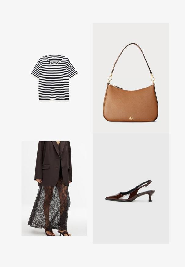 Gestreiftes T-Shirt aus Baumwolle mit marineblauen und weißen horizontalen Streifen, verfügt über einen runden Ausschnitt und kurze Ärmel. Glatte Textur.; Übergroße braune Blazer über einem transparenten schwarzen Spitzenrock mit Blumenmustern, kombiniert mit schwarzen High Heels Sandalen.; Braune Lackleder-Slingback-Schuhe mit spitzer Zehe und moderatem Absatz. Mit einem Schnallenriemen für einen sicheren Sitz. Glatte Textur.; Braune, strukturierte Lederhandtasche mit geschwungener Form, goldfarbenen Beschlägen und einem einzelnen Schulterriemen. Verfügt über einen Reißverschluss und ein Logo-Detail.
