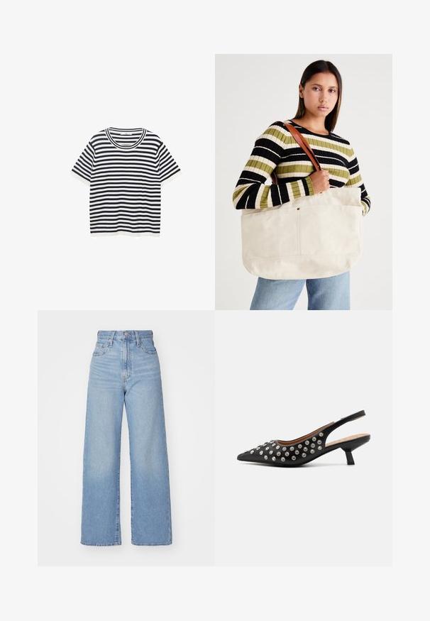 Gestreiftes T-Shirt aus Baumwolle mit marineblauen und weißen horizontalen Streifen, verfügt über einen runden Ausschnitt und kurze Ärmel. Glatte Textur.; Hellblaue High-Waist-Weite-Leg-Jeans mit Knopf- und Reißverschluss vorne, Vorder- und Rückentaschen, auf weißem Hintergrund.; Schwarze Slingback-Pumps mit spitzer Zehenform, verziert mit silbernen Nieten, mit niedrigem Blockabsatz und glatter Lederoberfläche.; Große beige Leinen-Totetasche mit braunen Ledergriffen, die ein minimalistisches Design und sichtbare Nähte aufweist.