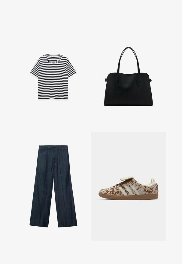 Striped t-shirt made of cotton with navy and white horizontal stripes, features a round neckline and short sleeves. Smooth texture.; Wide-leg trousers in dark denim, featuring a high waistband, front pleats, and a smooth texture. The hem is straight with no additional detailing.; Sneaker with a beige and brown speckled pattern, featuring three white stripes, a velcro strap, and a brown rubber sole.; Black leather handbag with dual shoulder straps, rectangular shape, and minimalistic design on a white background.