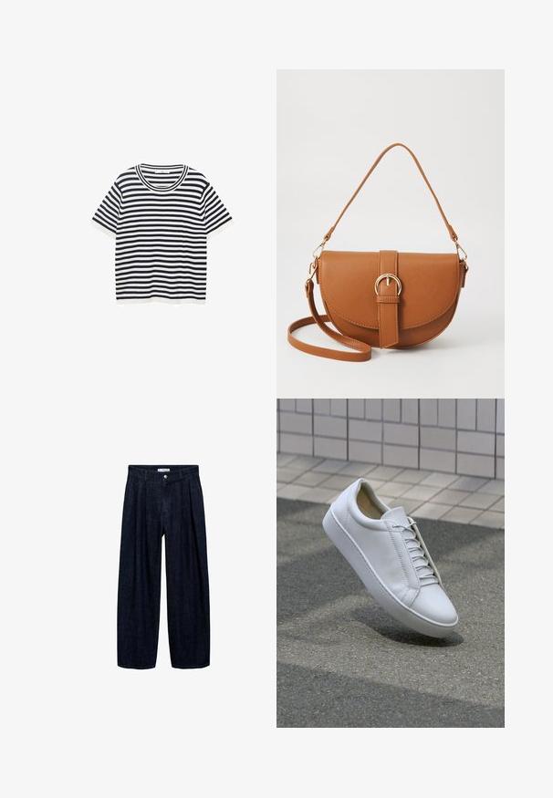 Tricou raiat din bumbac cu dungi orizontale bleumarin și albe, are un guler rotund și mâneci scurte. Textură netedă.; Pantaloni largi din denim închis, cu pliseuri la talie, având un button frontal și pasaje pentru curea. Textură netedă și design pe întreaga lungime.; Tenisi din piele albă cu vârful rotund, talpă plată și șase perechi de gauri pentru șireturi. Textură netedă și design minimalist cu detalii de cusătură.; Geantă din piele maro, tip crossbody, cu o formă curbată, accesorii aurii și un accent cu cataramă. Dispune de un curea de umăr detașabilă.