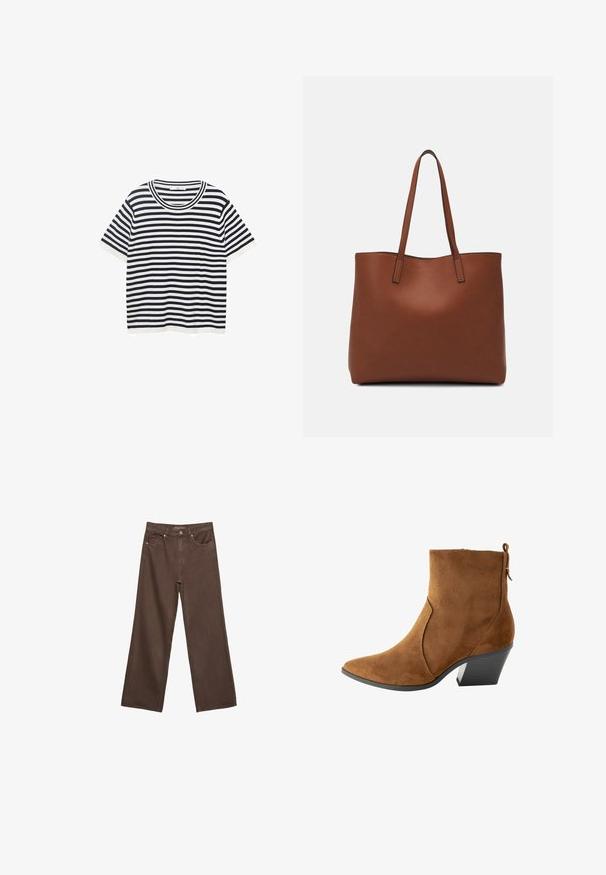 Koszulka w paski wykonana z bawełny, z poziomymi paskami w kolorze granatowym i białym, z okrągłym dekoltem i krótkimi rękawami. Gładka tekstura.; Szerokie brązowe dżinsy wykonane z denimu, z wysokim stanem, przednimi kieszeniami i klasycznym zapięciem na guzik. Gładka faktura z subtelnym przeszyciem.; Brązowy zamszowy botek za kostkę z ostrym czubkiem, kanciastą sylwetką i słupkowym obcasem. Zawiera zamek błyskawiczny i pętelkę z tyłu.; Brązowa skórzana torba tote o gładkiej fakturze, z otwartym wierzchem i dwoma ramiączkami. Charakteryzuje się minimalnym przeszyciem i brakiem widocznych elementów metalowych.