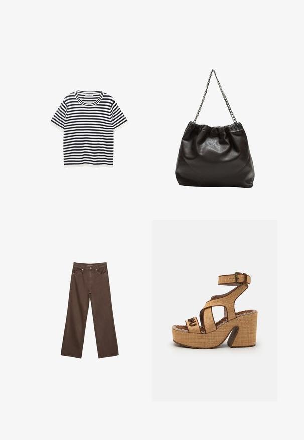 T-shirt a righe in cotone con strisce orizzontali blu e bianche, dotata di scollatura rotonda e maniche corte. Texture liscia.; Jeans a gamba larga marroni in denim, con vita alta, tasche anteriori e chiusura a bottone classica. Tessuto liscio con cuciture sottili.; Sandalo piattaforma beige con tacco a blocco alto, cinturini incrociati e cinturino alla caviglia regolabile. Materiale testurizzato con dettagli decorativi.; Borsa in pelle marrone con parte superiore arricciata e tracolla a catena. Texture liscia con finitura lucida e dettagli di cucitura sottili sui lati.