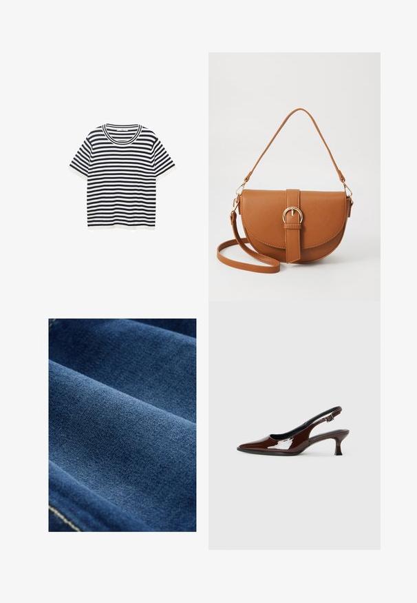 Randig t-shirt i bomull med marinblå och vita horisontella ränder, har en rund halsringning och korta ärmar. Slät textur.; Mörkblå denimtyg med en slät yta, synlig väv och subtil stretch. Har svaga sömmar längs kanterna.; Brun lackläder slingback-sko med spetsig tå och en måttlig klack. Utrustad med en spännband för säker passform. Slät textur.; Brun läder crossbody-väska med en böjd form, gyllene detaljer och en spänneaccent. Har en avtagbar axelrem.