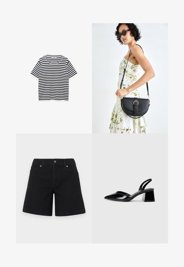 Striped t-shirt made of cotton with navy and white horizontal stripes, features a round neckline and short sleeves. Smooth texture.; Black denim shorts with a straight leg design, front pockets, and a button closure at the waist. Smooth texture and minimalist style.; Black patent leather slingback heels with a pointed toe and a geometric block heel. Features a sleek, minimal design and smooth texture.; Black leather handbag with a curved shape, detachable strap, and gold hardware. The bag features a flap with a buckle detail.