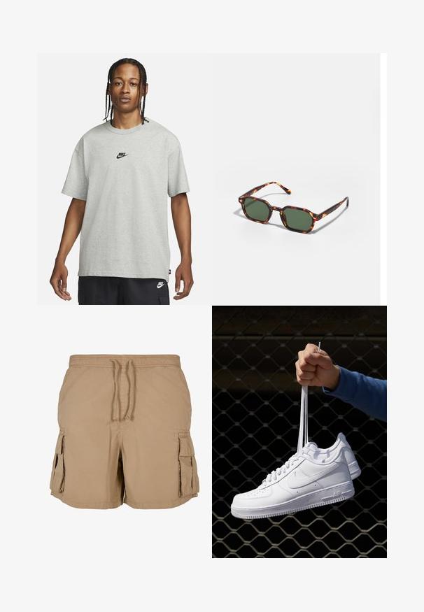 Jong persoon met gevlochten haar, gekleed in een lichtgrijs Nike T-shirt en zwarte Nike shorts tegen een effen witte achtergrond.; Beige cargoshorts van lichtgewicht stof met een tailleband met trekkoord, twee zijzakken en twee cargozakken. Eenvoudig, functioneel ontwerp.; Witte leren sneakers met perforaties, ronde neus, vlakke zool en dikke veters, met een zichtbare swoosh-logo en "AIR" op de hiel.; Tortoiseshell zonnebrillen met groene glazen, met een octagonaal formaat en slanke, gebogen armen. Materiaal heeft een glanzende afwerking.
