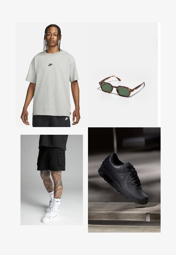 Giovane con capelli intrecciati che indossa una maglietta Nike grigia chiara e pantaloni Nike neri su uno sfondo bianco semplice.; Pantaloni cargo neri con tasche laterali, caratterizzati da una consistenza liscia. Indossati con calze sportive bianche e scarpe da ginnastica. Tatuaggi dettagliati sulle gambe.; Sneakers Nike Air Max neri con tomaia in pelle textured, suola in gomma e sistema di allacciatura prominente, che mostrano un design elegante e moderno.; Occhiali da sole tartarugati con lenti verdi, dotati di una forma ottagonale e bracci sottili e curvi. Il materiale ha una finitura lucida.